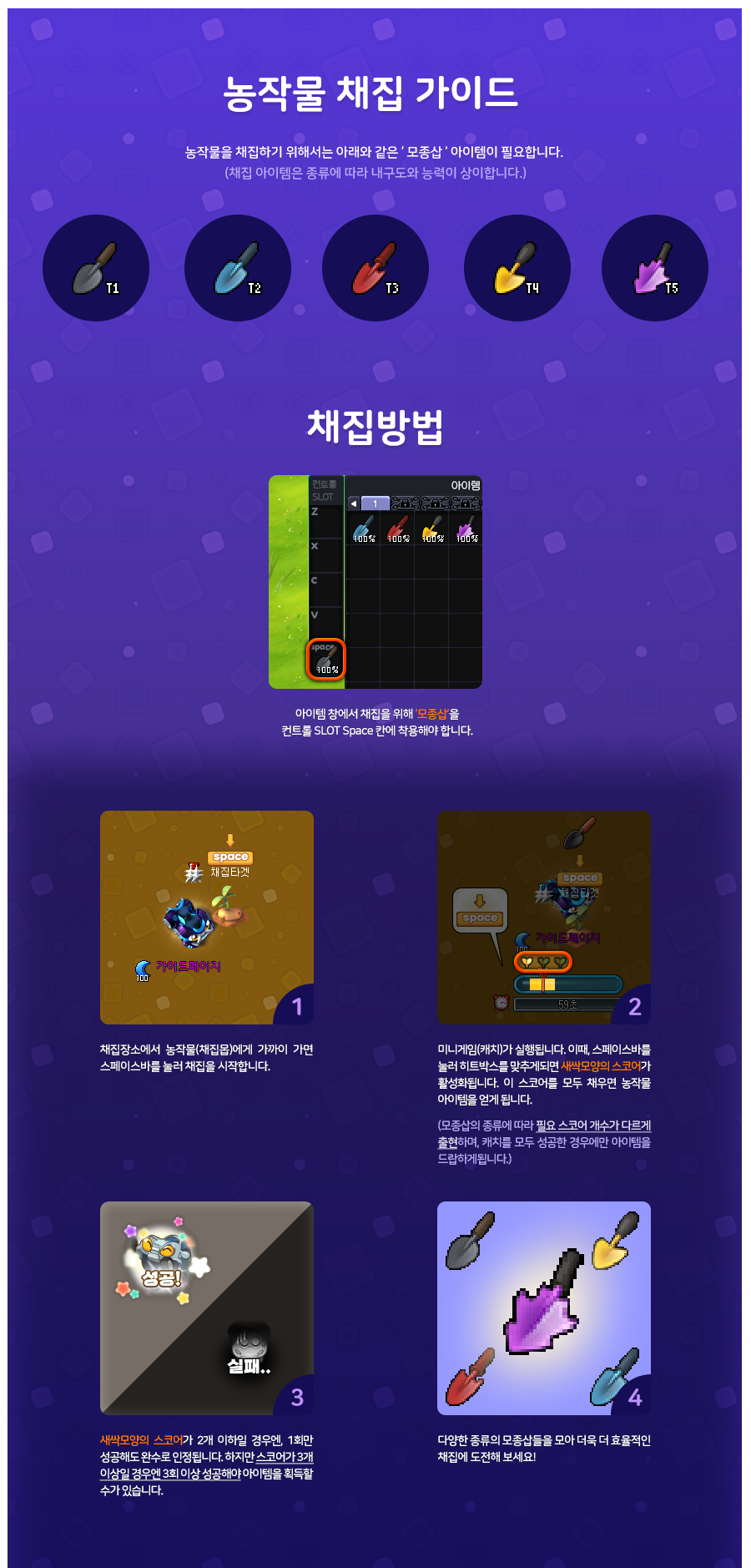 농작물 채집 가이드 & 미니게임 공식 인포그래픽
